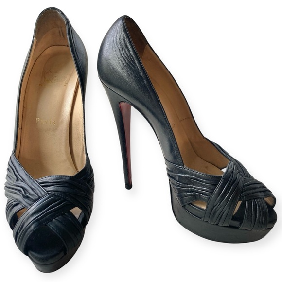 Christian Louboutin Aborina 150 Black Nappa Leather Peep Platform Pump Heels 38 - Picture 1 of 13